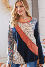 Load image into Gallery viewer, Top Rib Patchwork Leopard Floral Color Block Top