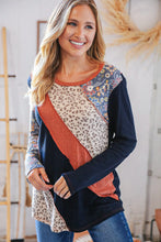 Load image into Gallery viewer, Top Rib Patchwork Leopard Floral Color Block Top