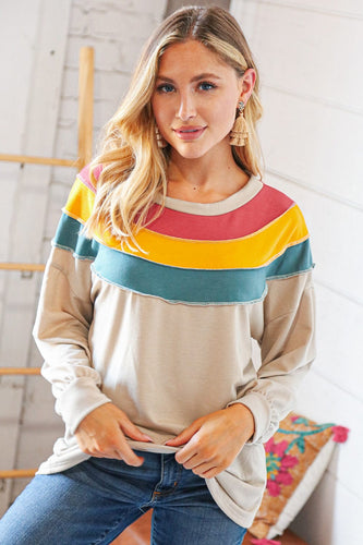 Top Taupe Terry Rib Color Block Out Seam Detail Pullover