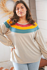 Top Taupe Terry Rib Color Block Out Seam Detail Pullover