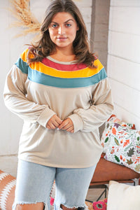 Top Taupe Terry Rib Color Block Out Seam Detail Pullover