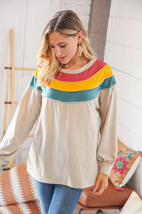 Top Taupe Terry Rib Color Block Out Seam Detail Pullover