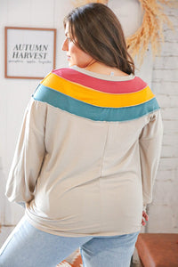 Top Taupe Terry Rib Color Block Out Seam Detail Pullover